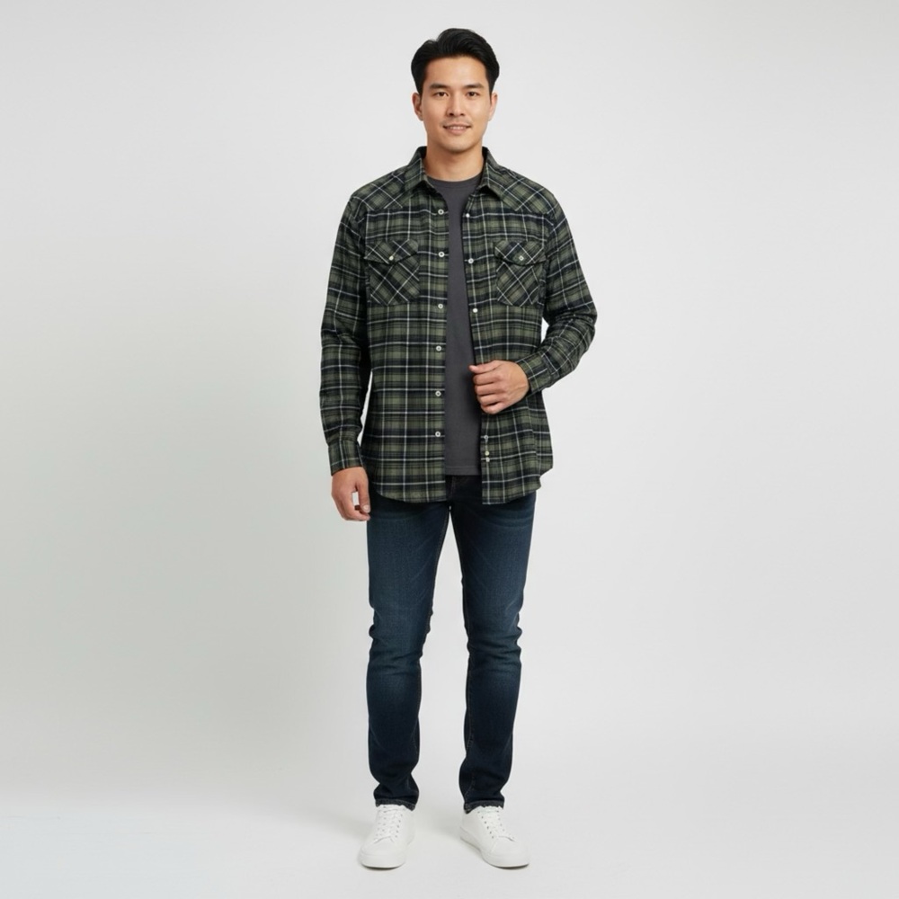 Plus Size Men's Green Plaid Casual Button Down Long Sleeve Shirt Cotton Blend